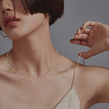 European and American Cross-border New White Imitation Pearl Necklace Chain Wedding Short Collar Chain Simple Cross Pendant Necklace