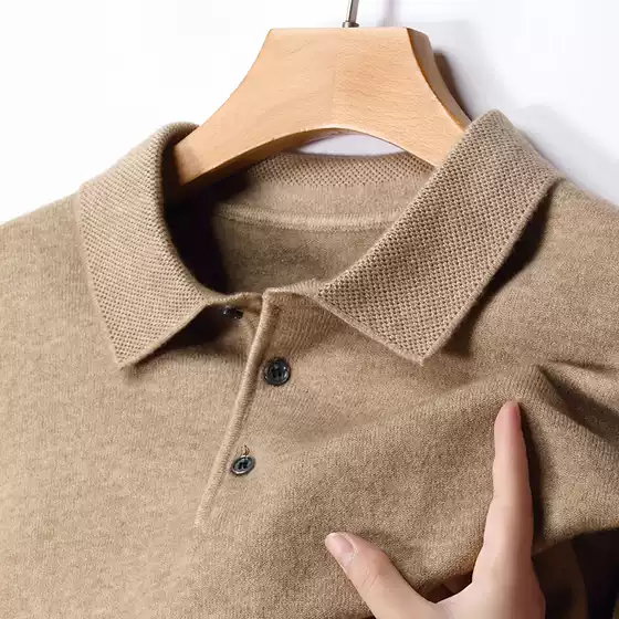 New Cross-Border Autumn Winter Wool Turn-Down Collar Long Sleeve Men's Knit Polo Shirt Solid Color Mid-Aged Base Layer Sweater Menswear