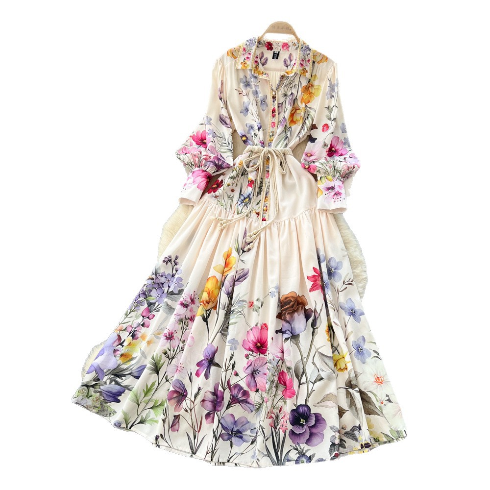 French Vintage Elegant Printed Maxi Dress for Women Autumn Collection Corset Tie Button Closure Flared Skirt