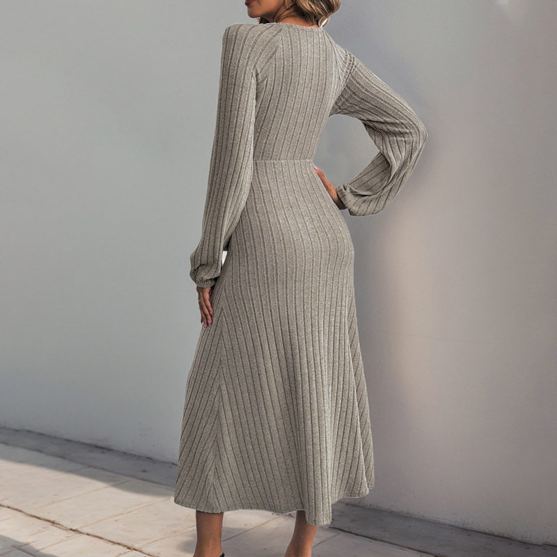 Knit Midi Dress Solid Color A Line Long Sleeve Comfortable Fabric Autumn Winter Fashion Wholesale Available