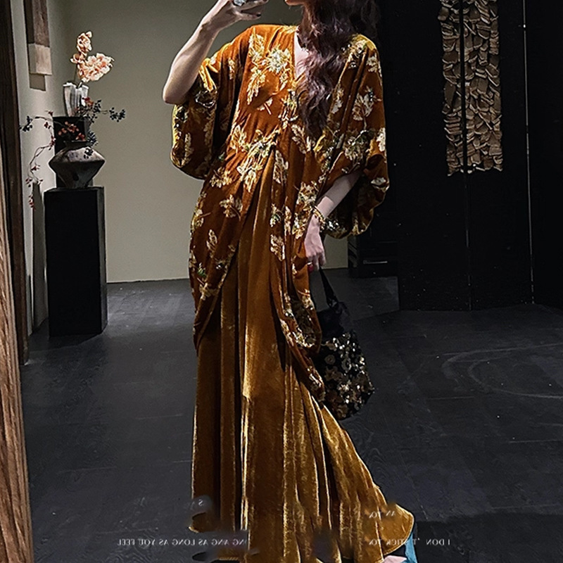 Đầm maxi nữ cổ chữ V thêu đính cườm chất liệu nhung — hồ bơi xanh, Sữa trắng, Tỏa sáng màu đen
