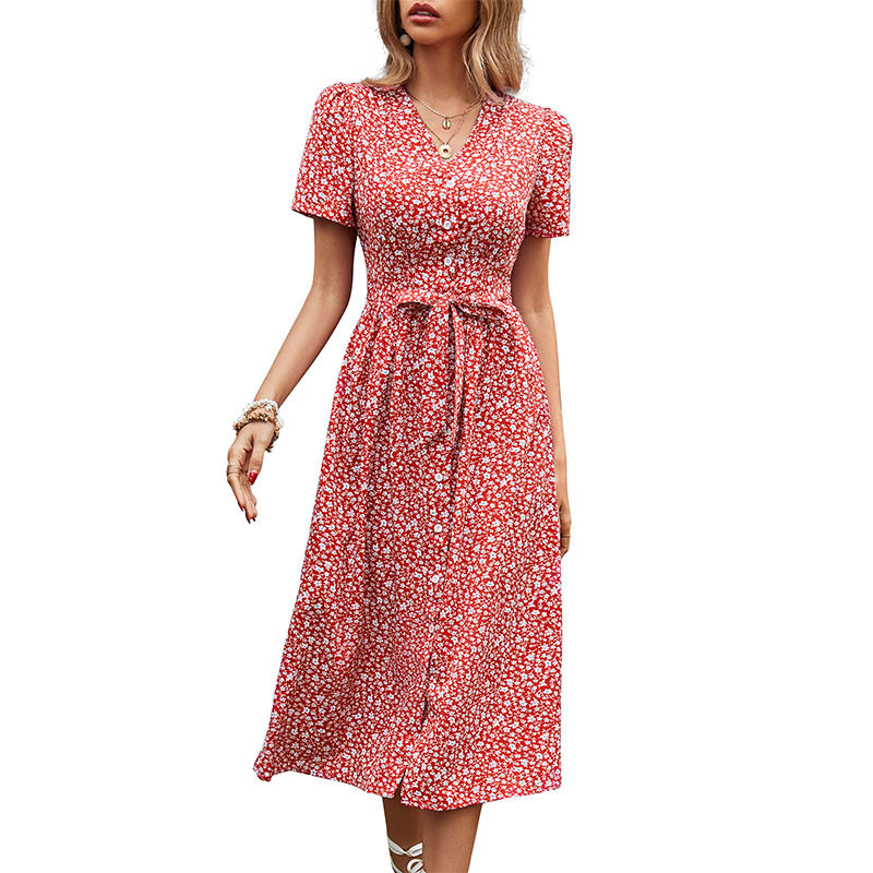 Vintage Floral Split Maxi Dress Sweet V Neck Summer Style Comfortable Fit Wholesale Available