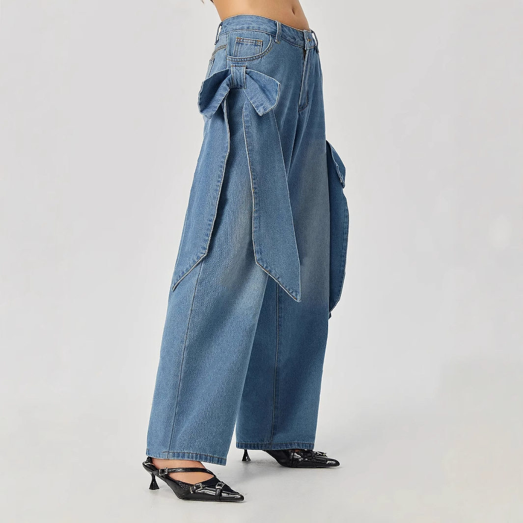 Wide Leg Denim Pants with Bow Detail Street Style Casual Wear Available for Wholesale custom packaging