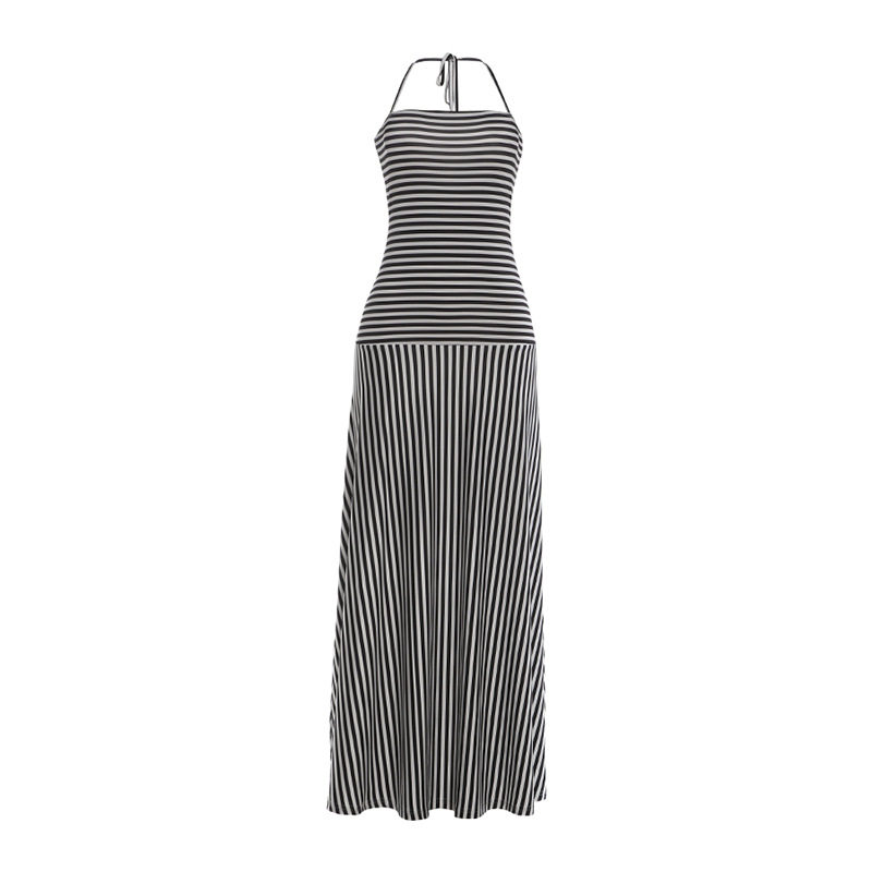 French Style Striped Maxi Dress Summer Collection Halter Neck Backless Elegant Design Wholesale Available