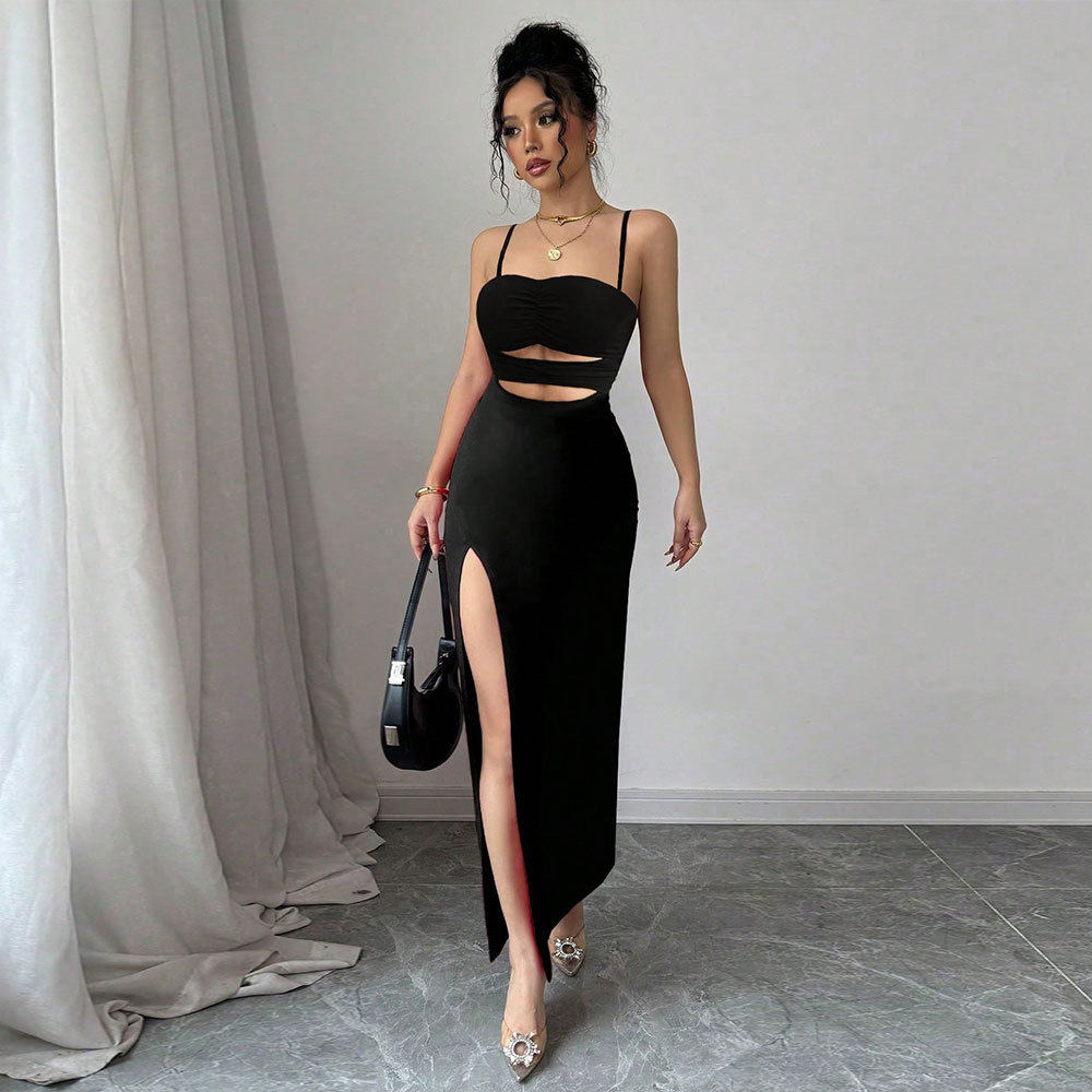 Lace Cutout Sexy Maxi Dress Summer Elegant Black Sleeveless Minimalist Style Wholesale Available