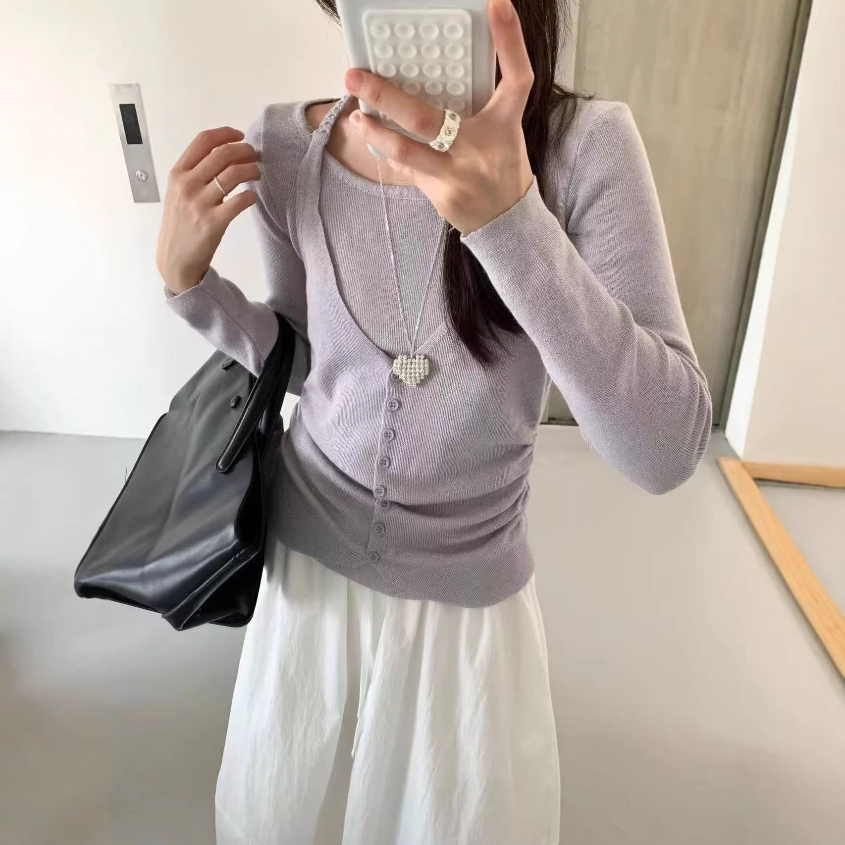 Halterneck spliced long-sleeved sweater fake two-piece top 2...