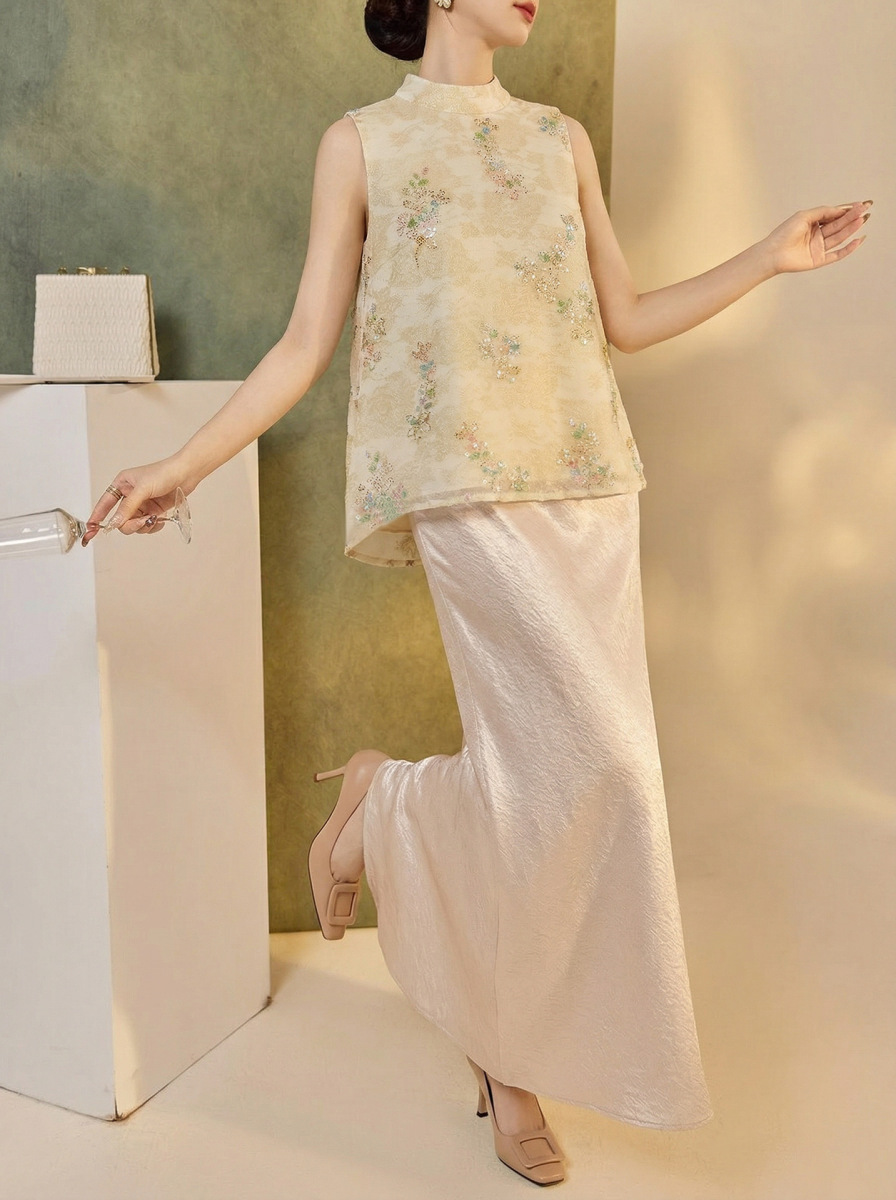Bộ áo gile thêu hạt không tay kèm chân váy đuôi cá dài — Chân váy màu champagne (giao hàng trong 7 ngày), Áo gile thêu hạt (giao hàng trong 7 ngày), Áo gile thêu hạt (giao hàng trong ngày), Bộ sản phẩm (giao hàng trong 7 ngày)