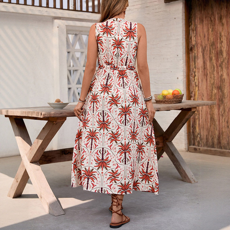 Tropical Floral Print Maxi Dress Sleeveless V Neck Flowy Design Perfect for Vacation or Resort Wear Wholesale