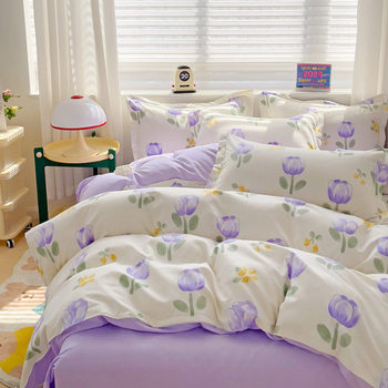 Ins Style Pure Cotton Four-Piece Set Spring and Summer Small Fresh Thickeneded Brushed Cotton Bed Sheetss and Quilt Covers Dormitory Three-Piece Bedding Set