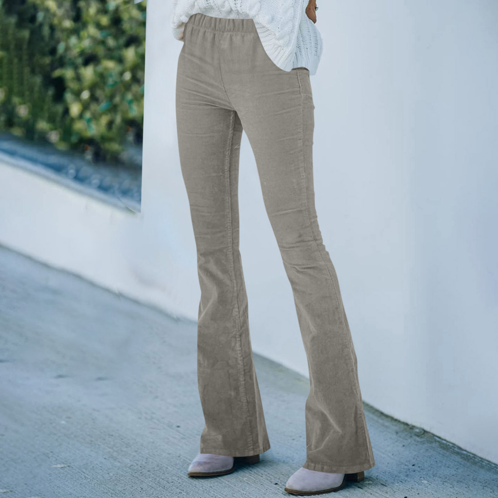 High Waisted Corduroy Slim Fit Flare Pants Solid Color Elastic Waist Casual Style Spring Summer Collection