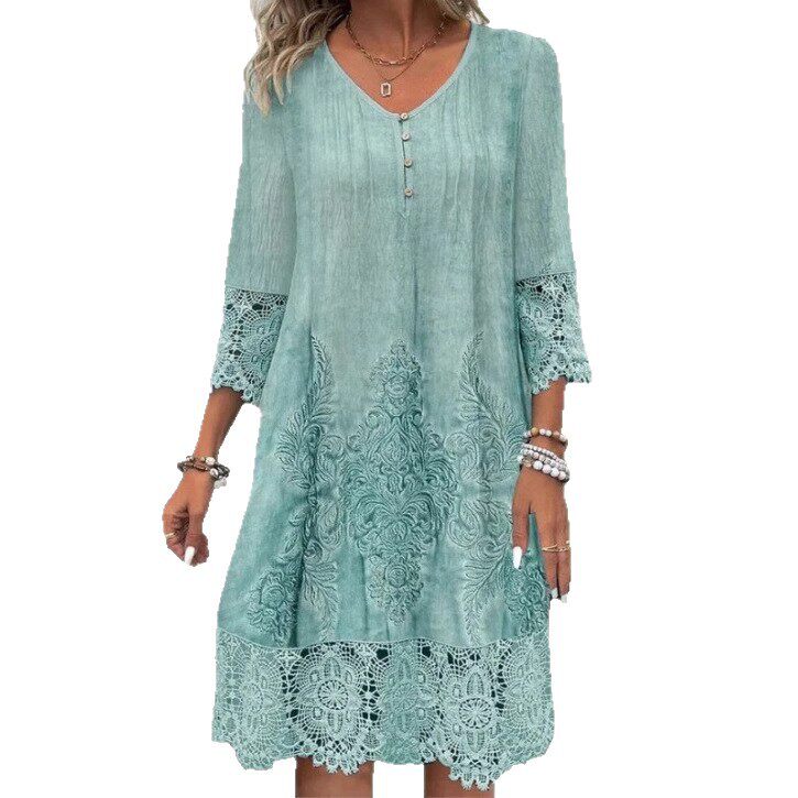 现货亚马逊Temu跨境欧美女装2025新款春夏爆款纯色蕾丝花边连衣裙