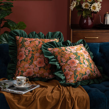 Retro Style Sofa Pillow Cushion, High-End Jacquard Square Pillow, Bedroom Bedside Pillow, Floral Ruffled Pillow