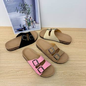 2026 Foreign Trade Cross-Border Women's Large Size Slippers Casual Beach Double Buckle Cork Slippers Factory in Stock