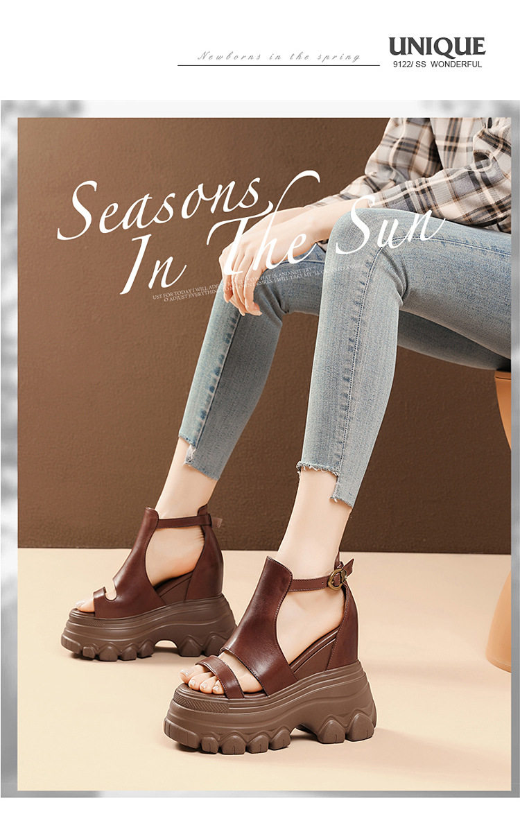 Sandal cao gót nữ hở mũi đế xuồng 14 cm da bò thủ công phong cách vintage — [Đen], [Nâu] chi tiết 3