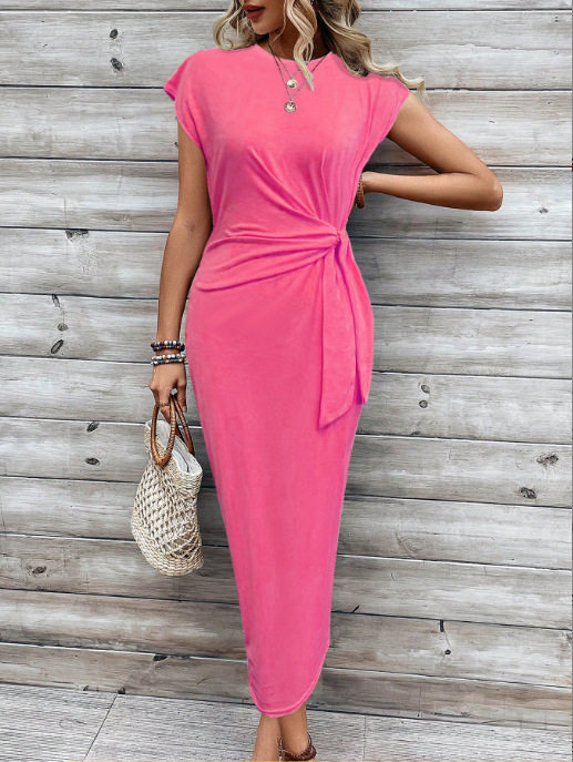 Elegant Striped Maxi Dress Waist Tie Short Sleeve Round Neck Summer Fashion for Women Wholesale Available