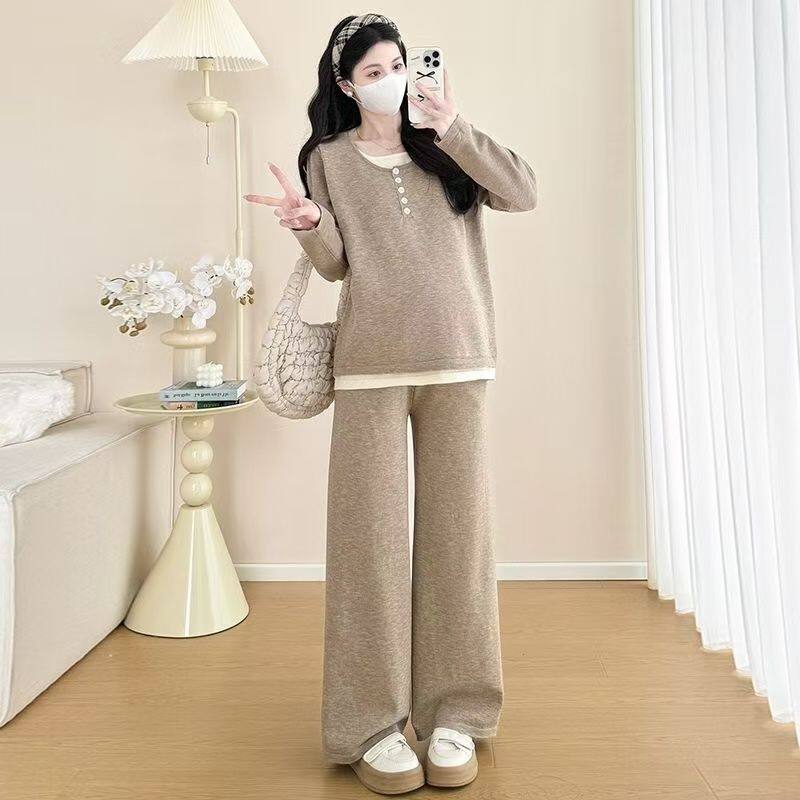 Maternity Wear 2025 New Autumn Fake Two-Piece Flesh-Covering Fashionable Casual Spring Autumn Winter Long-Sleeved Slimming Look Pants Suit