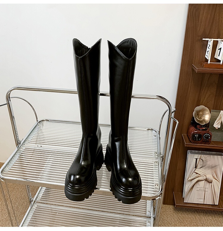 Boot nữ cổ cao da bò đế dày tăng chiều cao, khóa kéo sau, dáng ôm chân — Lớp lót đơn màu đen 12cm, Lớp lót đơn màu đen 15cm, Lớp lót đơn màu hồng 12cm, Lớp lót đơn màu hồng 15cm
