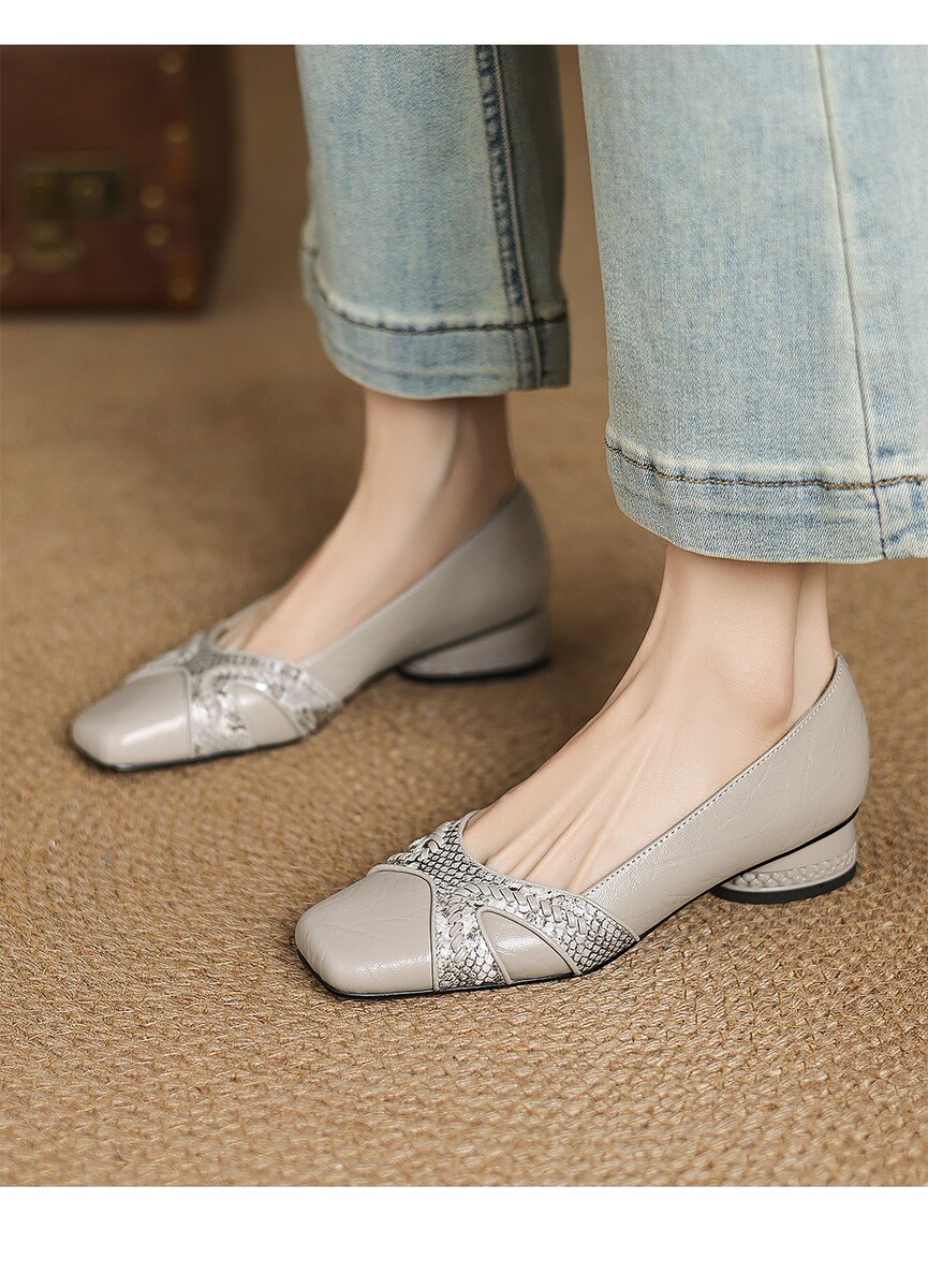 Giày bệt nữ mũi vuông gót thấp 3cm phối màu thanh lịch — đen, màu xám