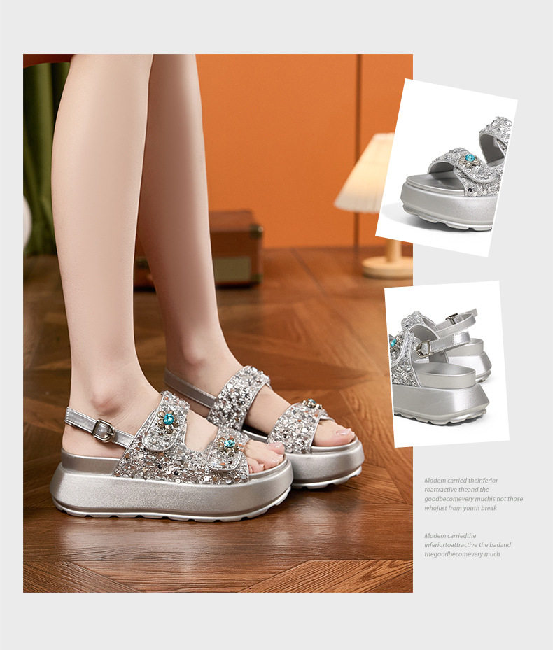Sandal nữ quai chữ V đế dày chống trượt phong cách thành thị — Đen, Bạc chi tiết 3