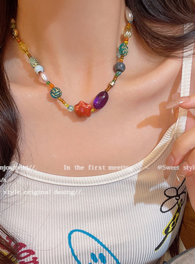多巴胺甜美彩色陶瓷串珠项链女ins潮新中式民族风锁骨链颈链项链