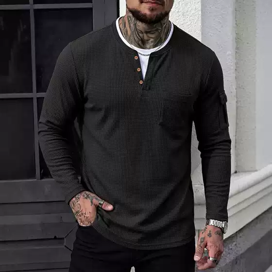 Cross-Border Men's T-Shirt with Fake Two-Layer V-Neck, Spring and Autumn Style, Fashionable Patchwork, Large Size Base Shirt, Long-Sleeve T-Shirt for Men Wholesale