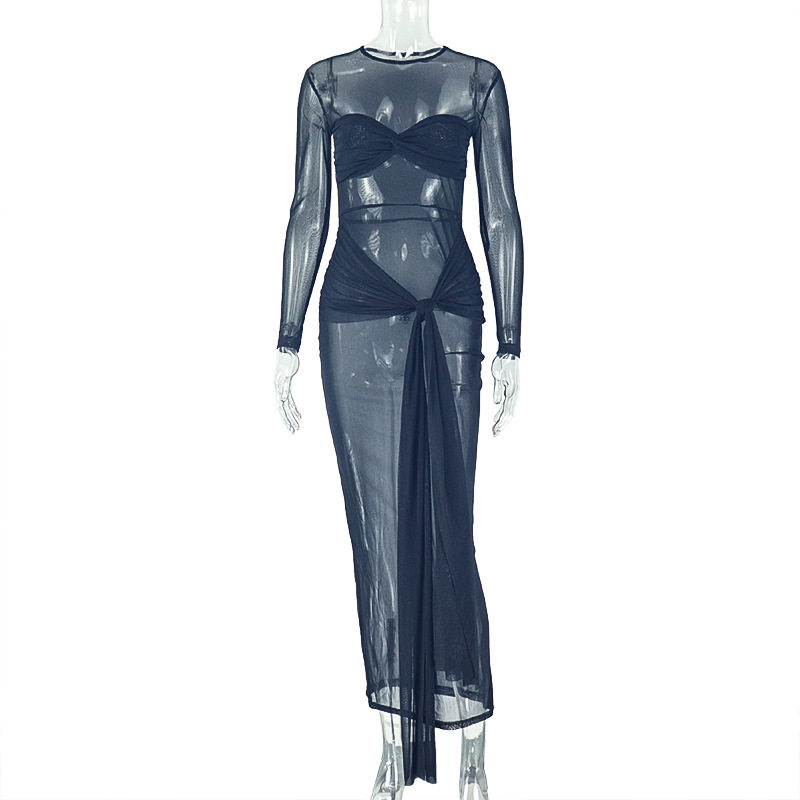 Elegant Womens Midi Dress Solid Color Waist Defining Pleated Round Neck Long Sleeve Perfect for Casual or Formal