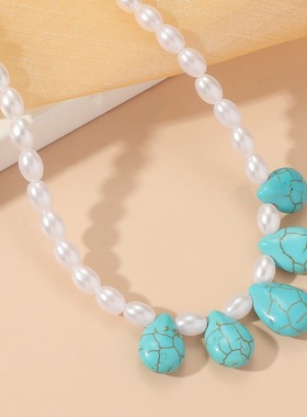 波西米亚度假风水滴松石吊坠珍珠项链适合女士女生度假派对礼物