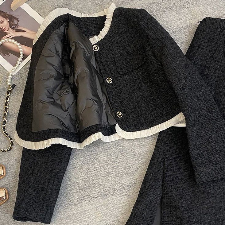 Tweed Style Down-Lined Short Jacket Women's Half-Length One-Step Skirt Two-Piece Set Women's Autumn and Winter New Suit Skirt Women