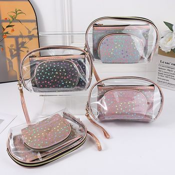 Summer Sequin Cosmetic Bag Set Pvc Transparent Three-Piece Set Large Capacity Travel Cosmetics Bag Toiletry Bag Portable