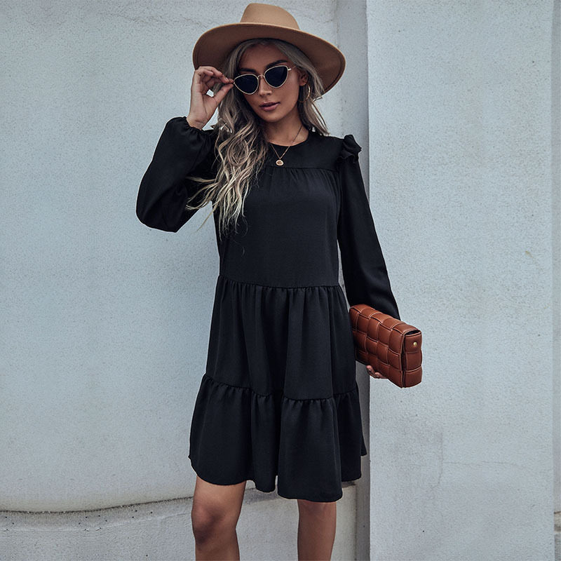 Loose Black Long Sleeve Dress Vintage Hepburn Style Fashionable Womens Apparel for Casual Occasions Wholesale Available