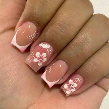 European and American Cross-Border Hot Selling French Short Manicure Ins Style Wearable Nails Flower Fake Nails Finished Hair Nails