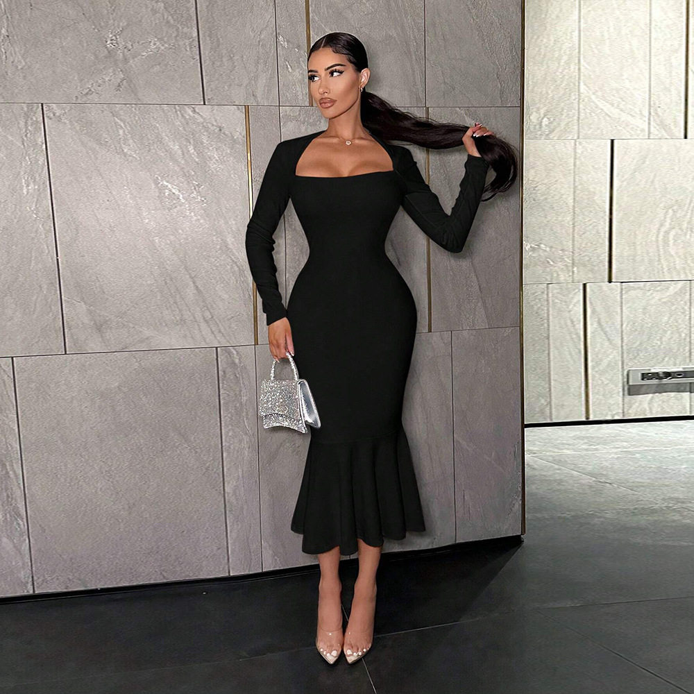 Elegant Square Neck High Waist Bodycon Dress Chic Design Spring Summer Style Wholesale Availability