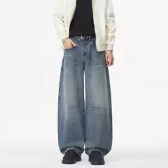 American retro wide-leg jeans for men, featuring a knee split and pressed seam design, with a floor-length cut