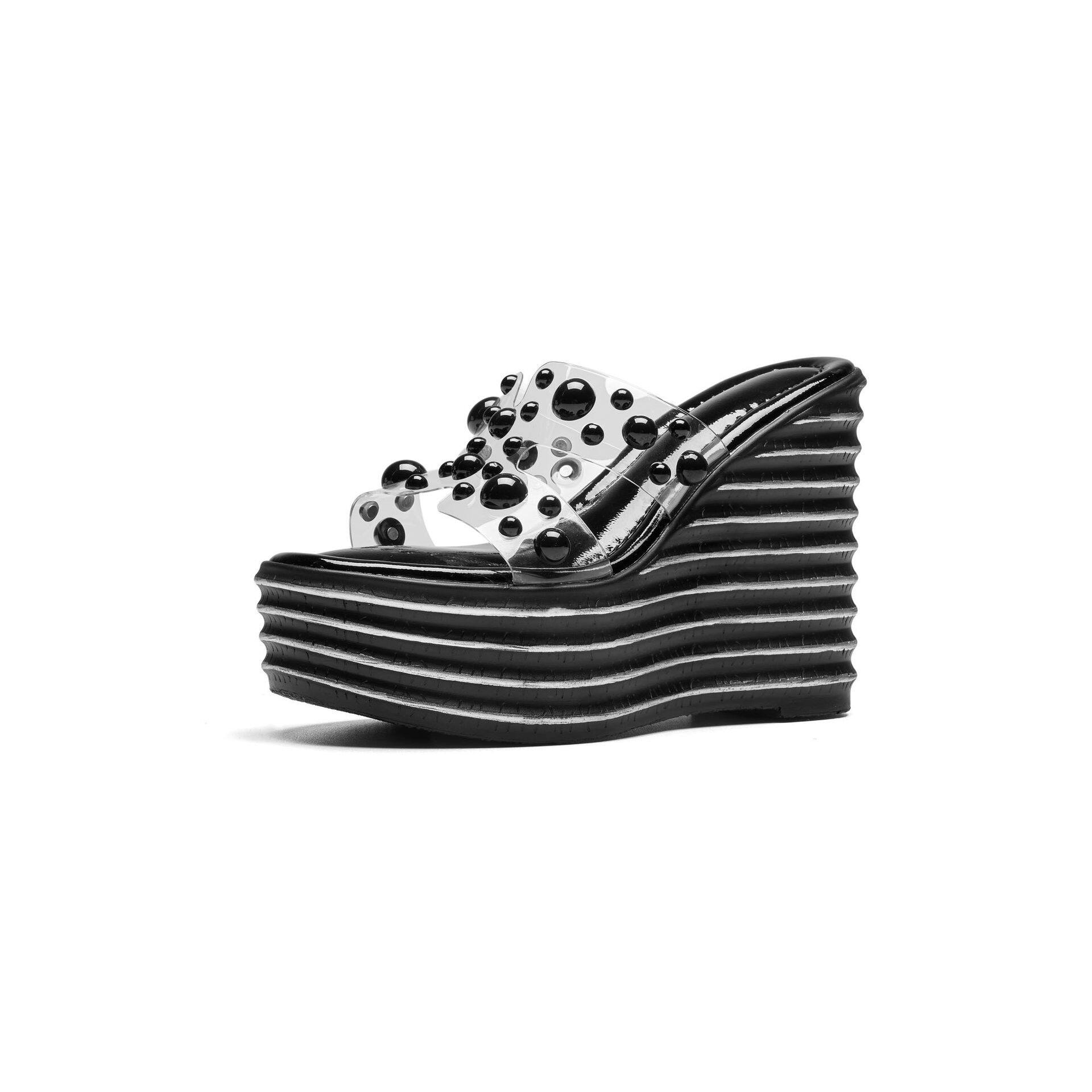 Sandal cao gót nữ hở mũi đế xuồng 12 cm phối ngọc trai — [Trắng sữa], [Đen]