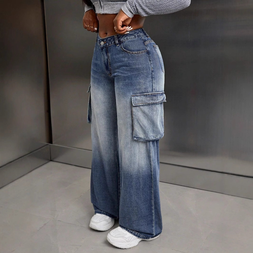 Loose Fit Wide Leg Denim Work Pants Multi Pocket Design Casual Everyday Wear Ready to Ship wholesale