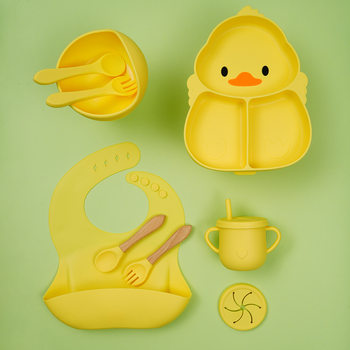 Baby Cartoon Silicone Food Grade Tableware suit Baby Food Supplementary Feeding Tableware Drop-resistant Bowl Cup Bib