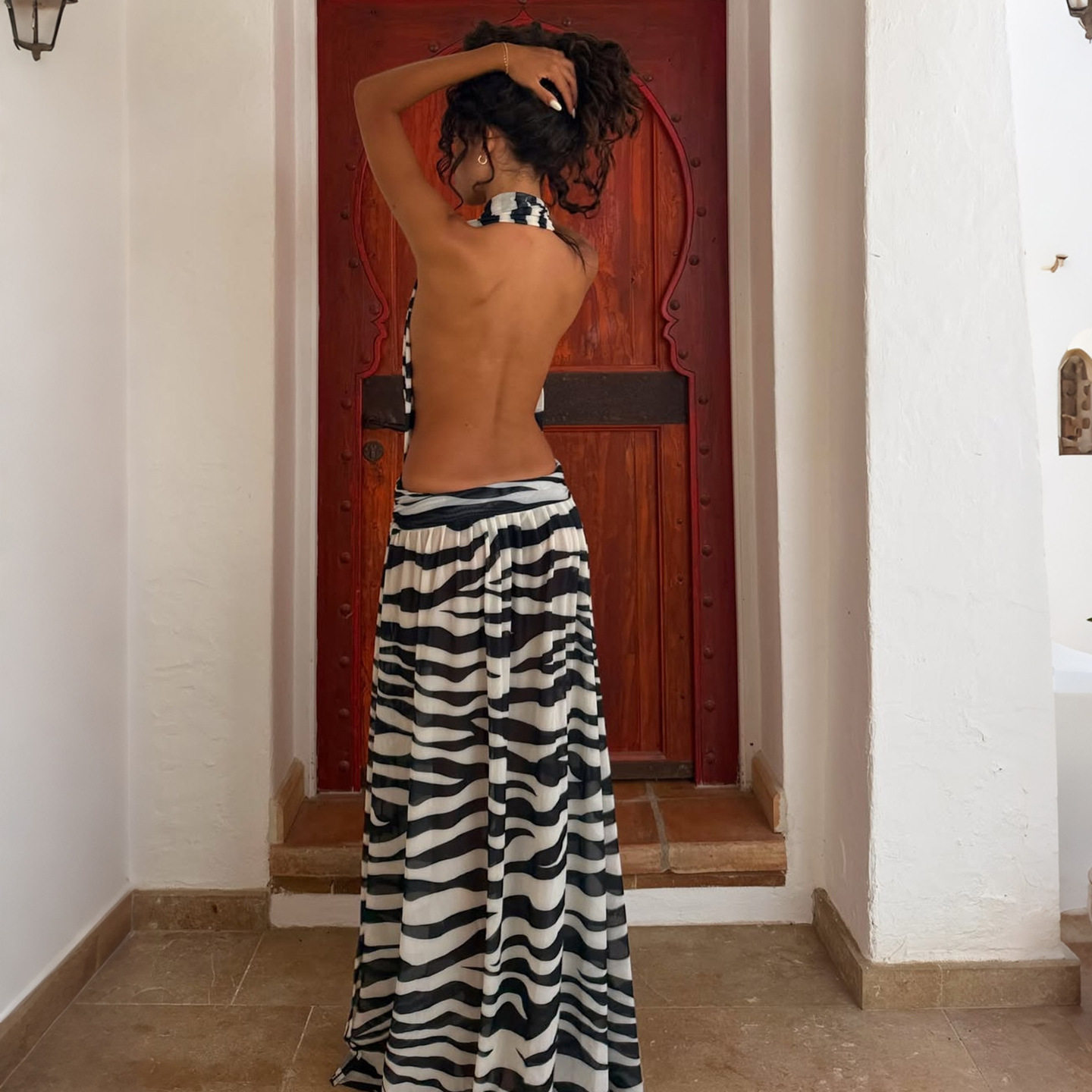 Zebra Print Halter Neck Backless Dress Summer Vacation Style Sexy Split Design Womens Fashion Wholesale Available