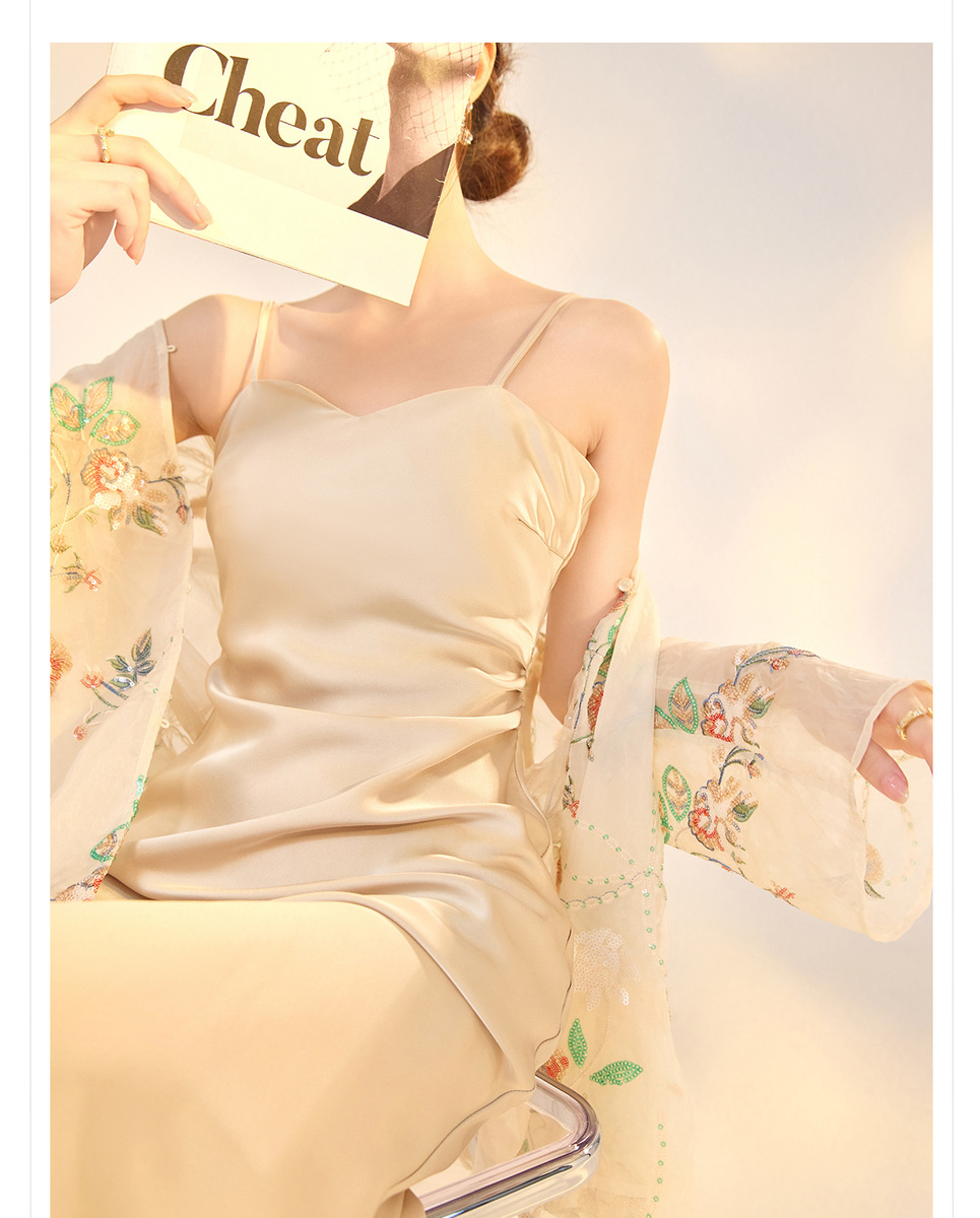 Đầm dây dài nữ cổ chữ V dáng chữ A cạp cao phong cách quý phái — Bột hoa đào (Giao hàng trong 7 ngày), Bột Tao Yao (phát hành trong cùng ngày), Màu hoa mai sen (giao hàng trong 7 ngày), Màu hoa mai sen (phát hành cùng ngày)