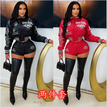 Ys8018 European and American Cross-Border 2025 Stretch Pu Leather Positioning Embroidered Baseball Uniform + Sexy Shorts Two-Piece Suit