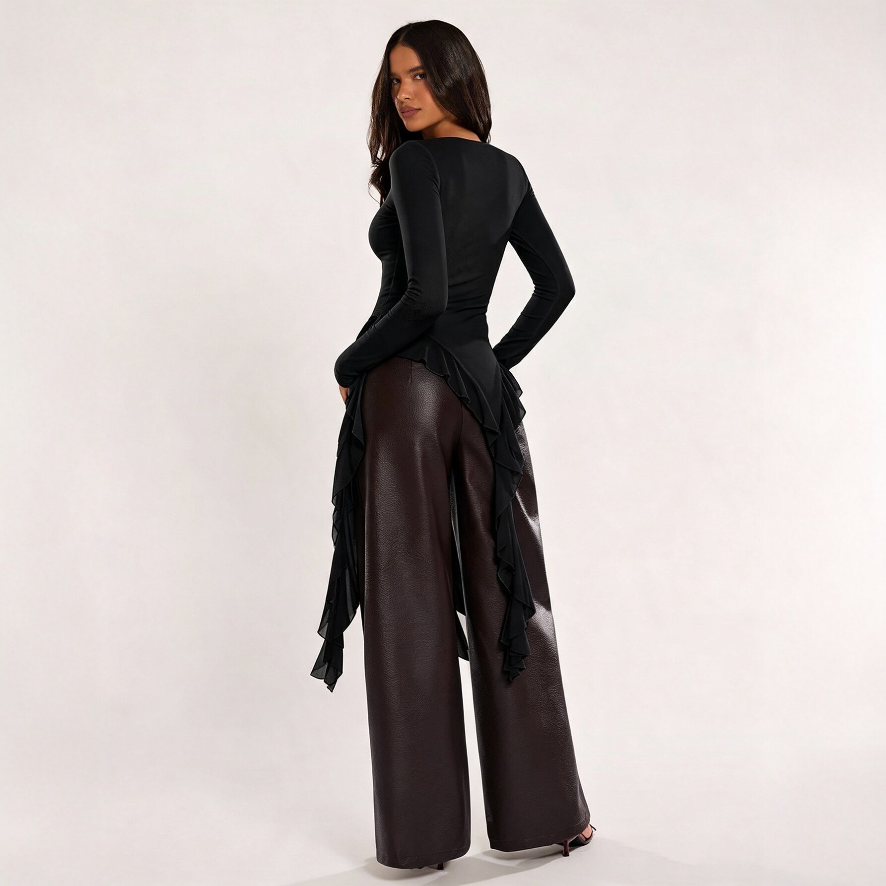 Womens Long Sleeve Top High End Feel Asymmetrical Ruffle Design Off Shoulder Slim Fit Perfect for Casual or Formal