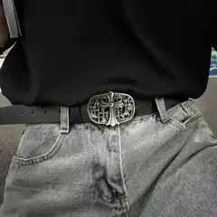 Croch Classic Cross Western Denim Trendy Stylist Belt Men's Pants with Vintage Buckle Hollow