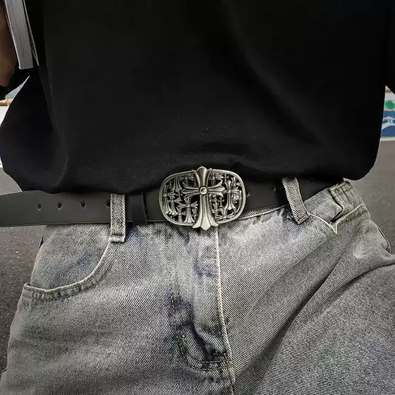 Croch Classic Cross Western Denim Trendy Stylist Belt Men's Pants with Vintage Buckle Hollow