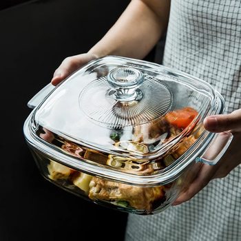 Heat-Resistant Glass Pot with Double Handles and Lid, Suitable for Soup, Oven, Bowl, Microwave, Household Steaming, Stewing, Soup Plate, and Baking Rice Bowl