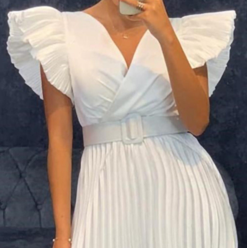 Womens V Neck Pleated Dress with Flutter Sleeves Elegant Design Belt Included Perfect for Parties and Events
