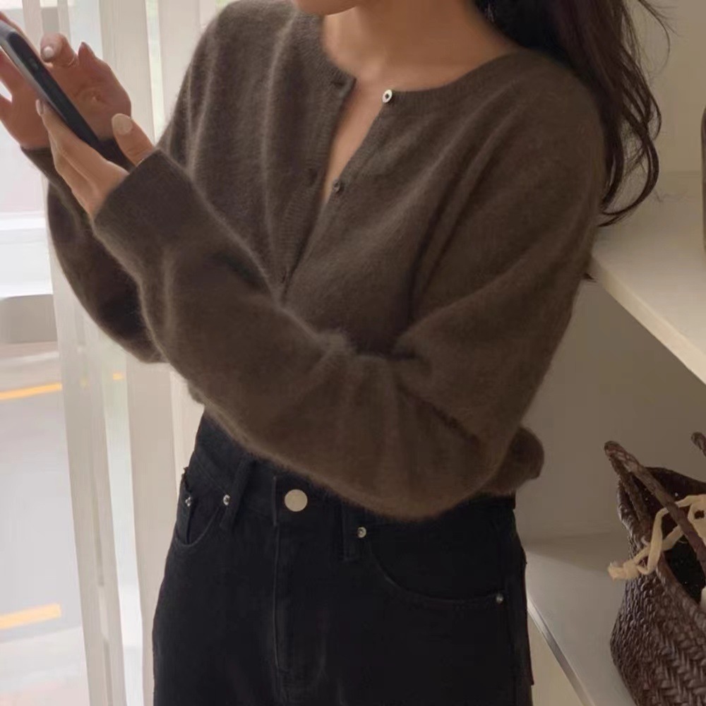 浣熊毛短款针织小开衫秋冬女装2025新款圆领叠穿打底毛衣外套上衣