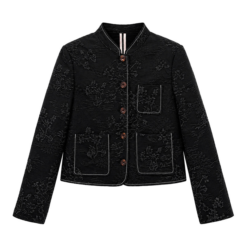 Áo khoác ngắn dệt jacquard họa tiết hoa cổ tròn tay dài phong cách retro — Lan Dạ Hắc (giao hàng 7 ngày)