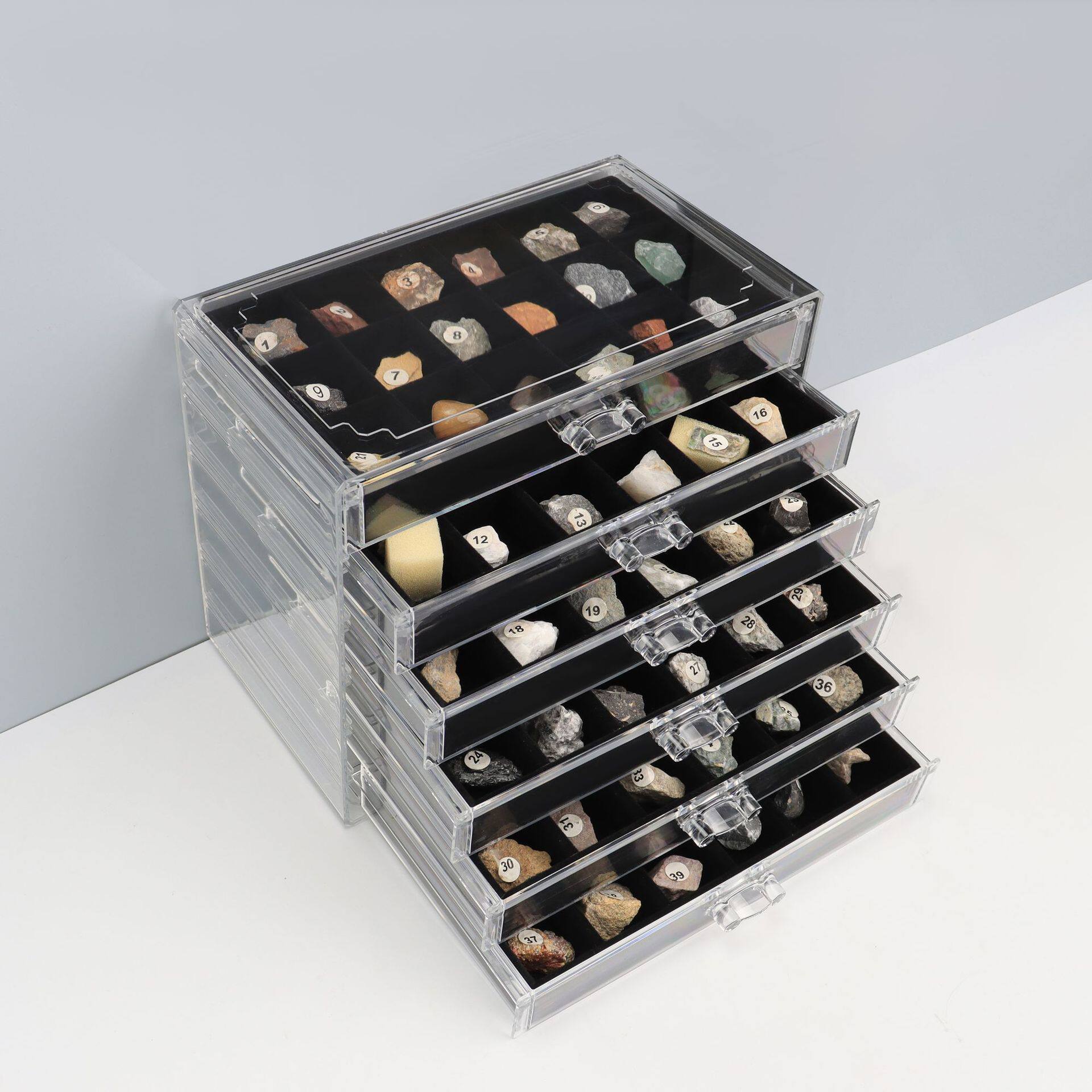 5/6-Layer Drawer-Type Multi-Grids Rock Collection Display Box Crystal Stone Jewelry Display Storage Box