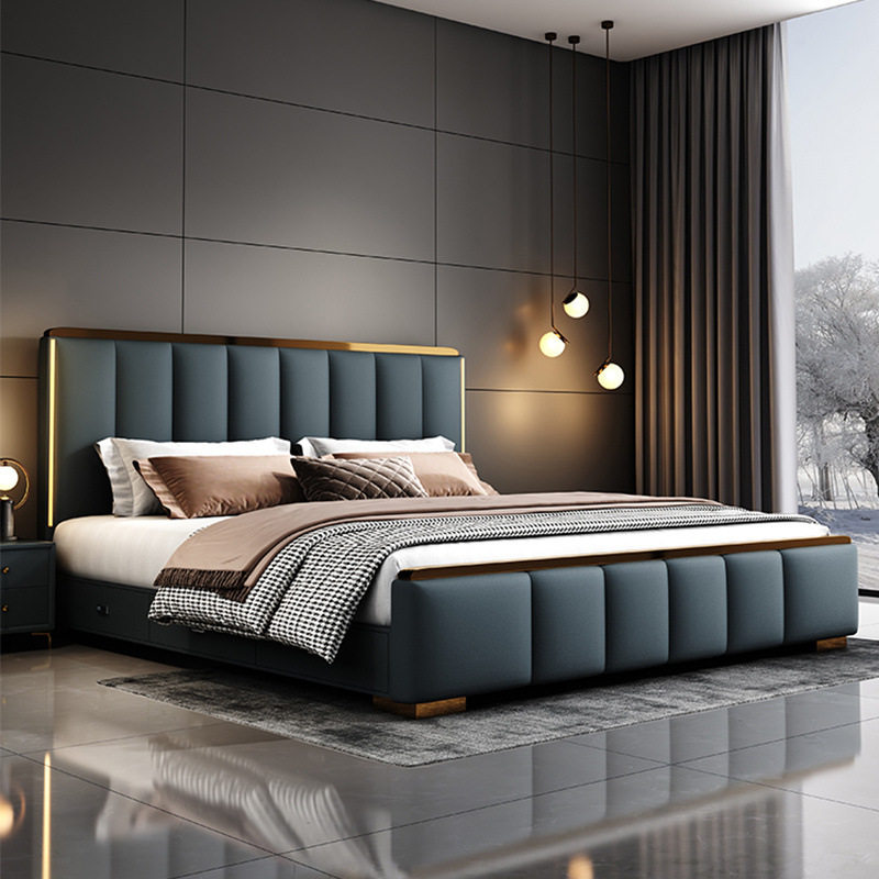 意式轻奢真皮床带灯多功能储物大床主卧1.8m双人床现代简约婚床