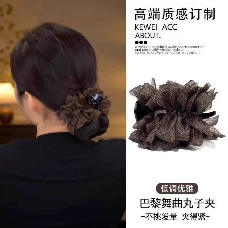 新款牡丹花羽毛网红高颜值轻奢时尚后脑勺鲨鱼洋气发夹上档次