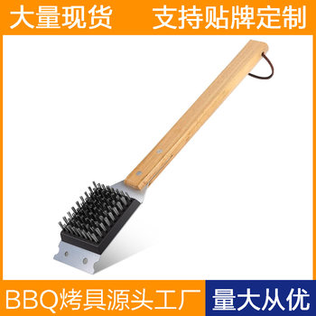 Cross-border Hot Sale in stock Amazon New Barbecue Brush Cleaning Brush Wire Brush Outdoor BBQ Wooden Handle Barbecue Brush